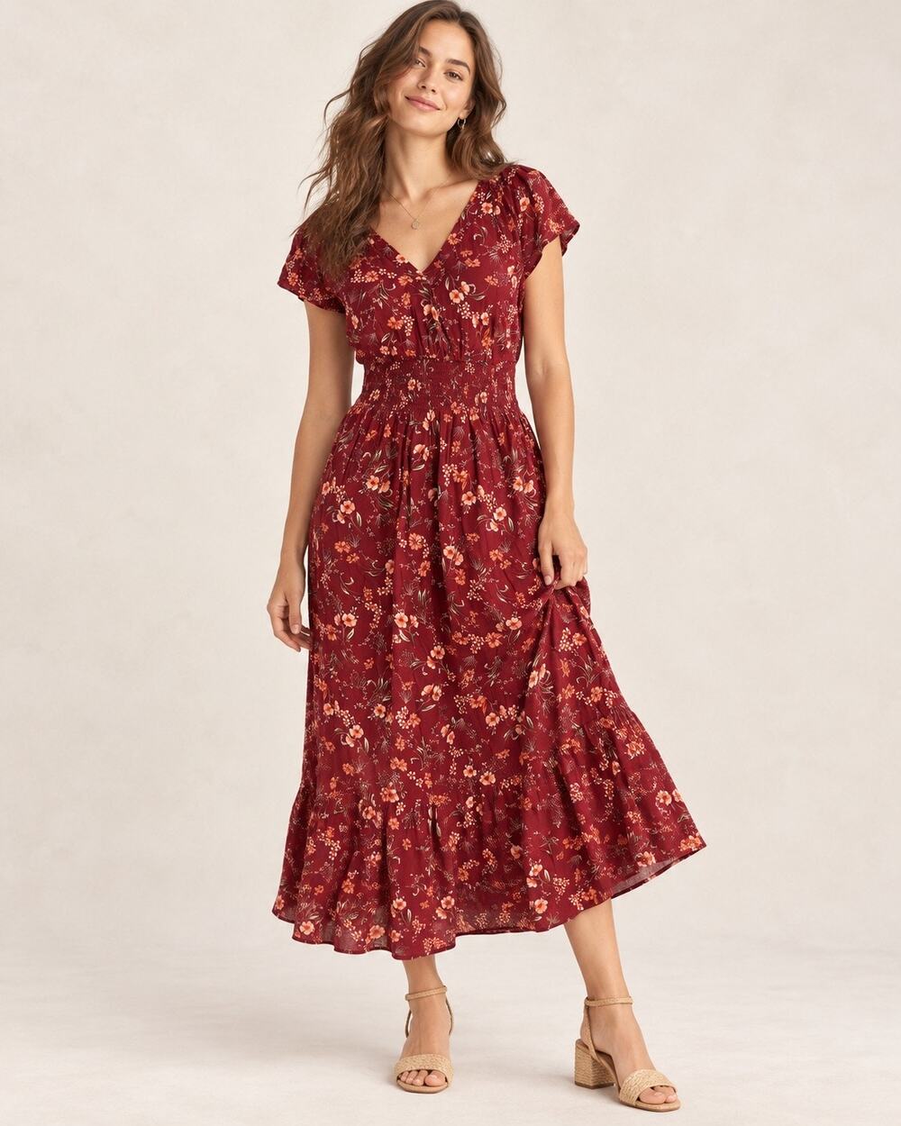 Old Navy Floral Maxi Dress L Burgundy Smocked Waist V Neck Cottagecore Boho